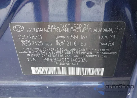 2012 Hyundai Sonata Gls from USA, damaged, VIN 5NPEB4AC1CH406831